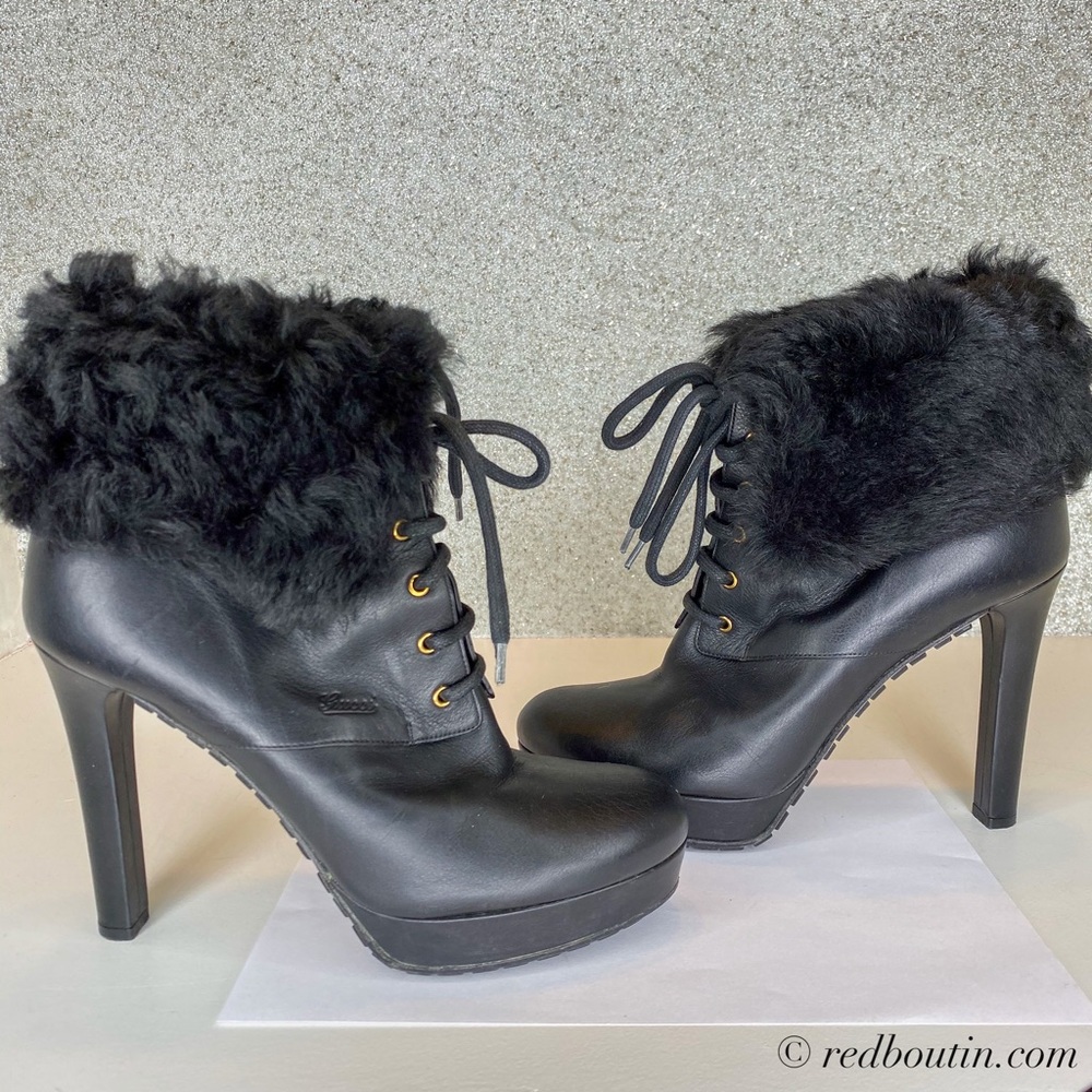 GUCCI Anett Shearling Lamb Cuff Black Ankle Boots